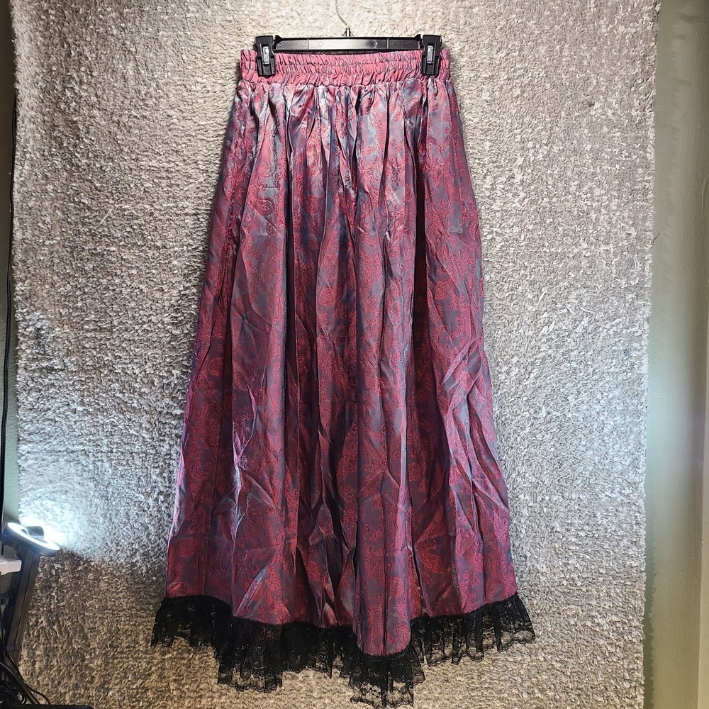 Cykytess Metallic Shiny Pleated Long Maxi Skirt Whimsical Witchy S, M Lace Trim